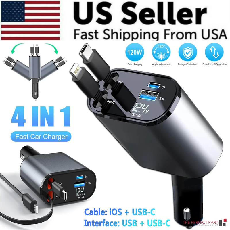 Retractable Car Charger 4 in 1 Fast Charge Car Phone Charger 120W with USB Type C Cable