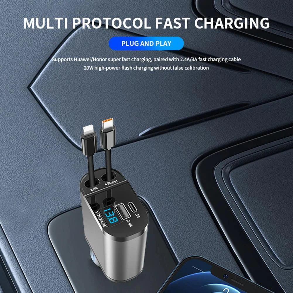 Retractable Car Charger 4 in 1 Fast Charge Car Phone Charger 120W with USB Type C Cable