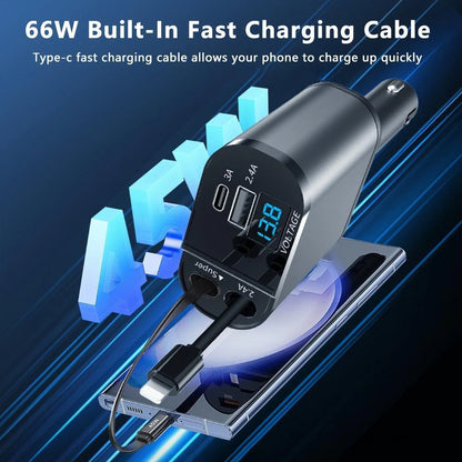 Retractable Car Charger 4 in 1 Fast Charge Car Phone Charger 120W with USB Type C Cable