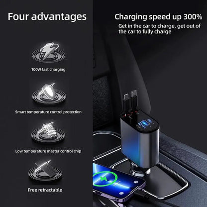 Retractable Car Charger 4 in 1 Fast Charge Car Phone Charger 120W with USB Type C Cable