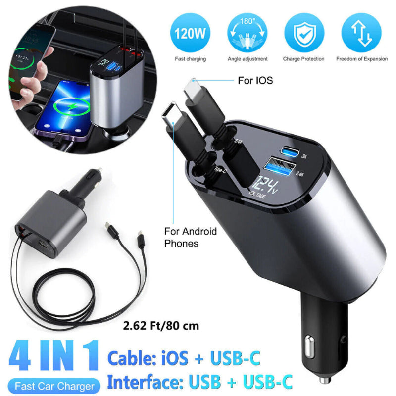 Retractable Car Charger 4 in 1 Fast Charge Car Phone Charger 120W with USB Type C Cable