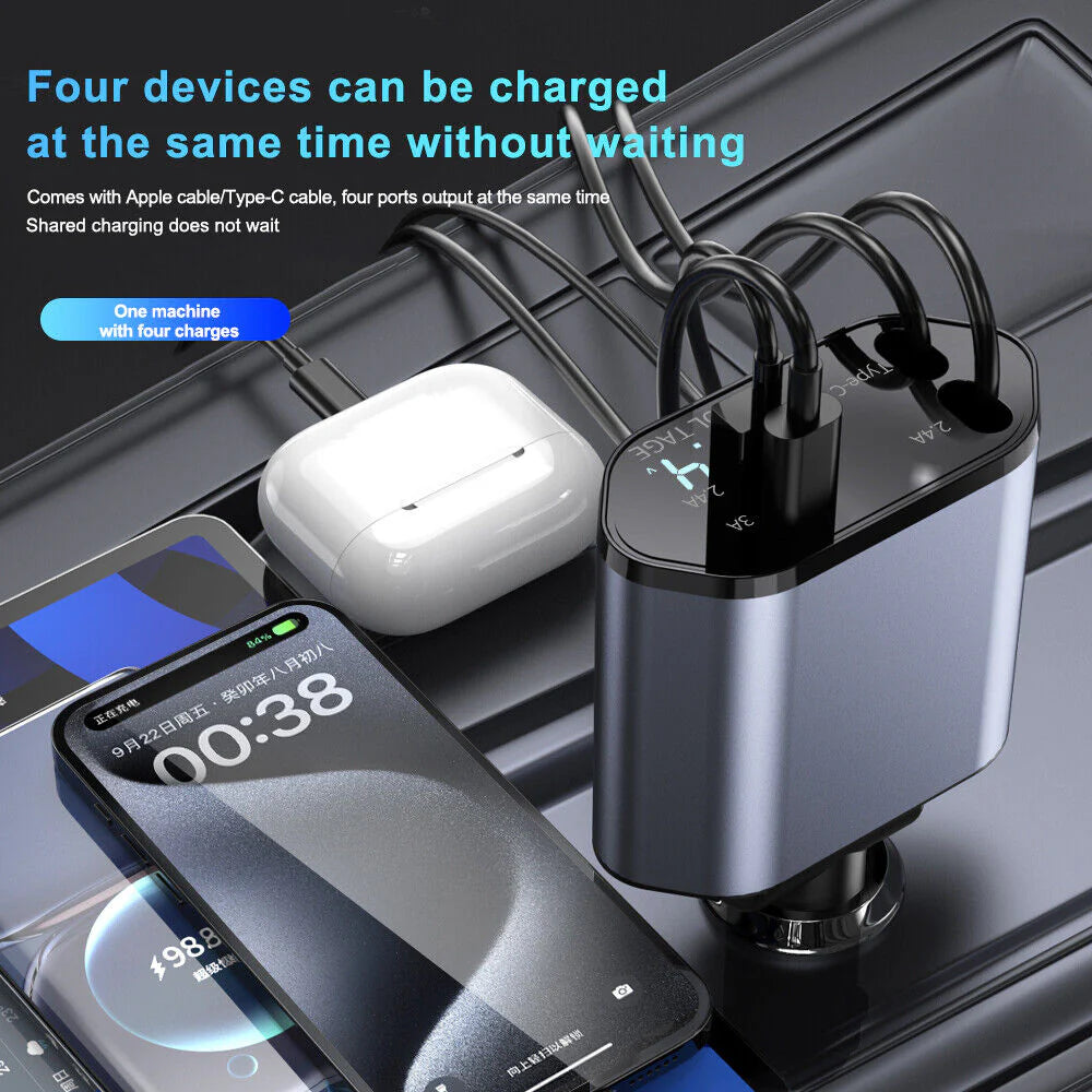 Retractable Car Charger 4 in 1 Fast Charge Car Phone Charger 120W with USB Type C Cable