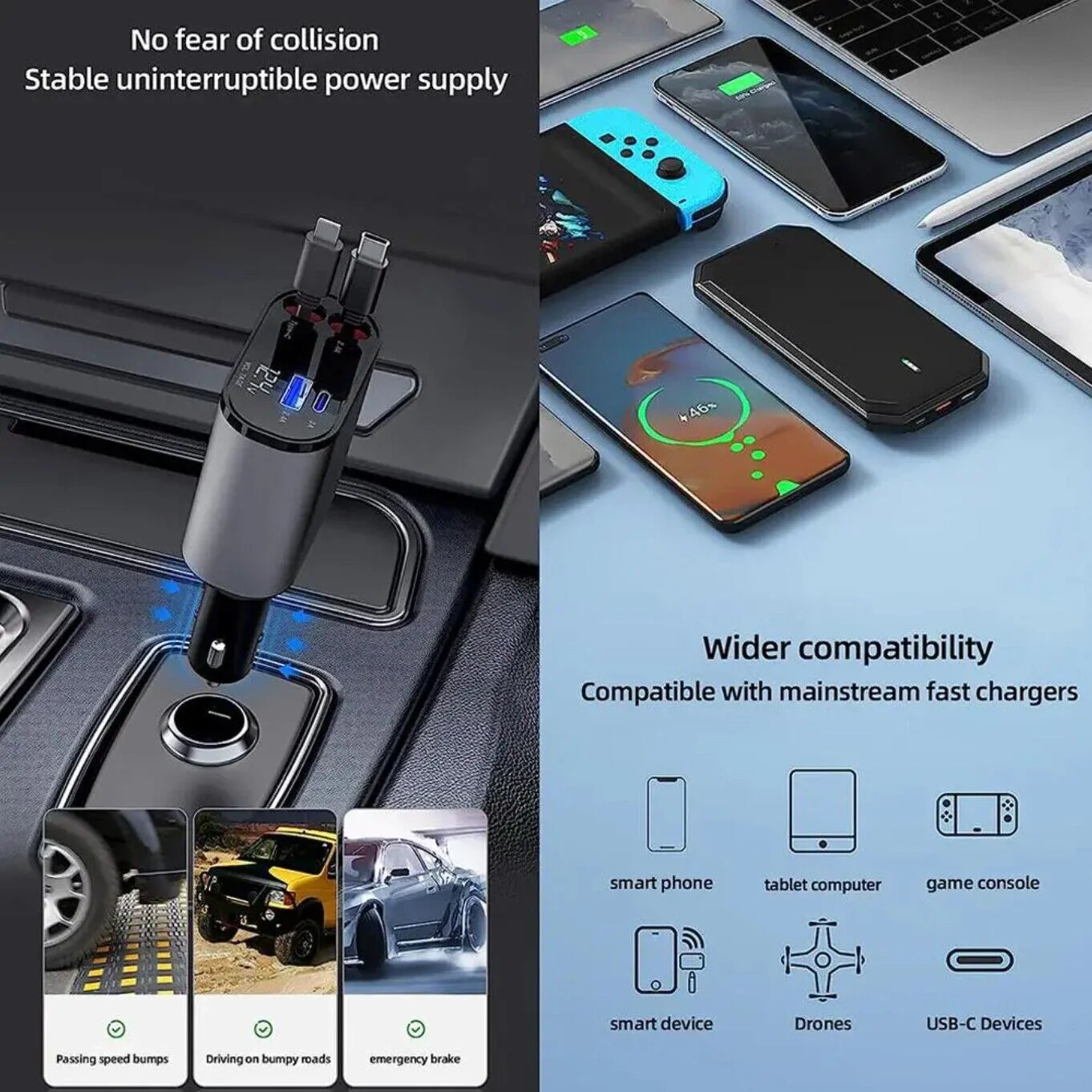 Retractable Car Charger 4 in 1 Fast Charge Car Phone Charger 120W with USB Type C Cable