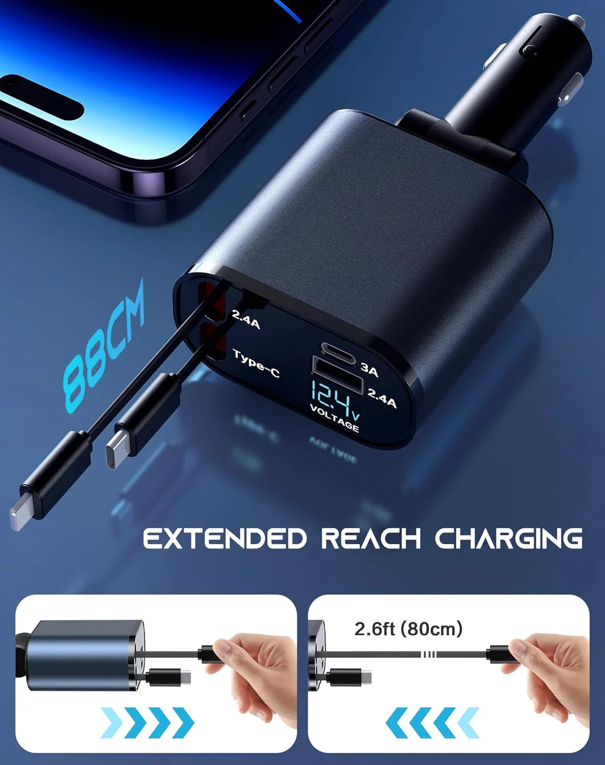 Retractable Car Charger 4 in 1 Fast Charge Car Phone Charger 120W with USB Type C Cable