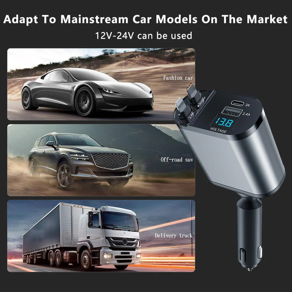 Retractable Car Charger 4 in 1 Fast Charge Car Phone Charger 120W with USB Type C Cable