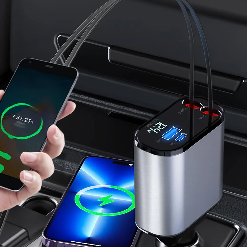 Retractable Car Charger 4 in 1 Fast Charge Car Phone Charger 120W with USB Type C Cable