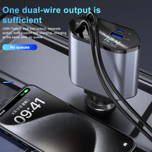 Retractable Car Charger 4 in 1 Fast Charge Car Phone Charger 120W with USB Type C Cable